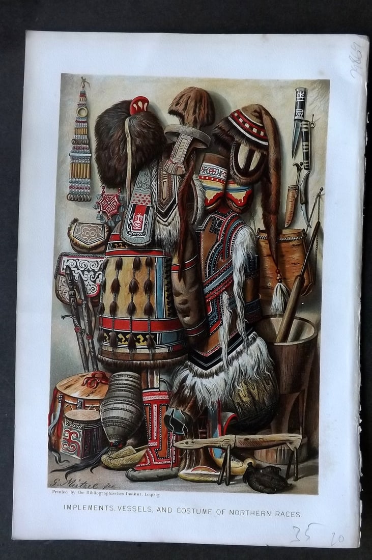 Ratzel, Friedrich 1898 Print. Implements & Costumes of Northern Races. USA Canada (1 of 1)