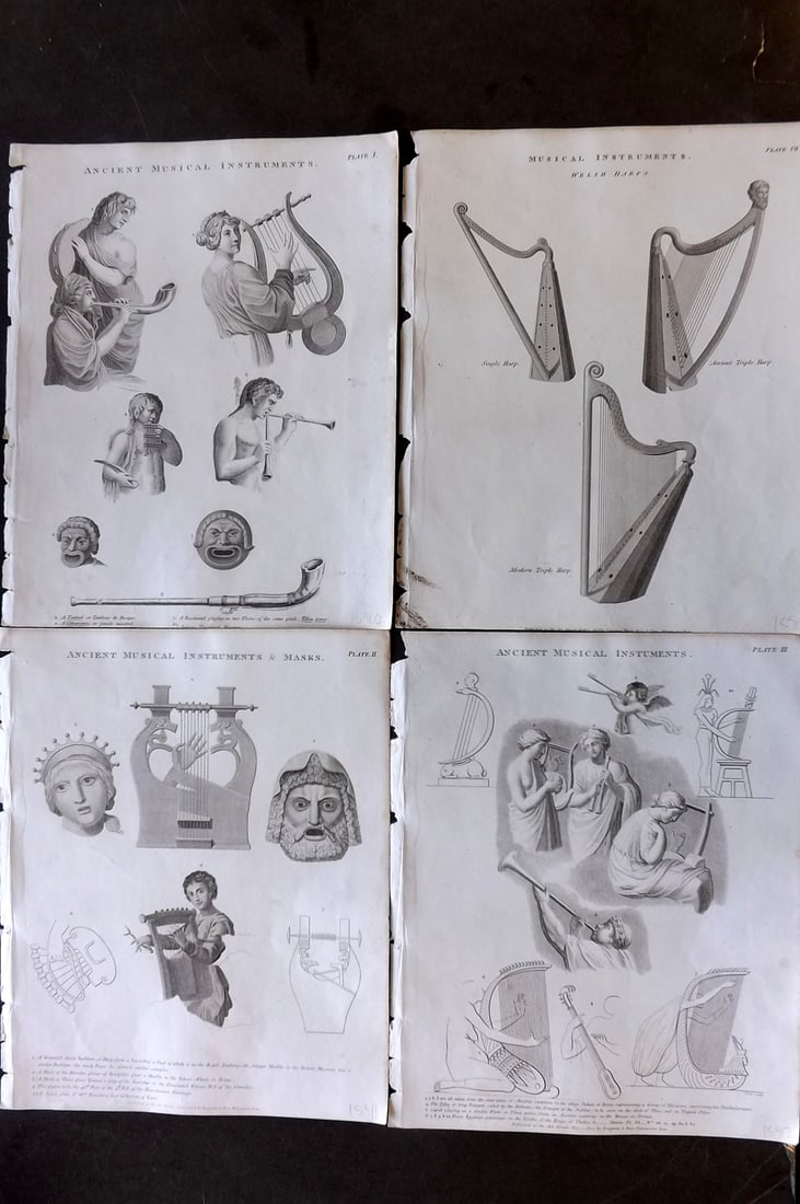 Rees, Abraham 1820 Lot of 4 Musical Instruments Prints (1 of 1)