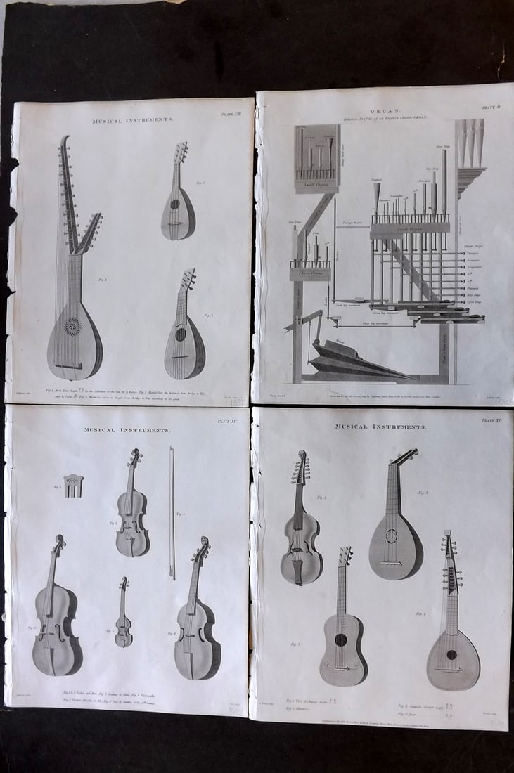 Rees, Abraham 1820 Lot of 4 Musical Instruments Prints (1 of 1)