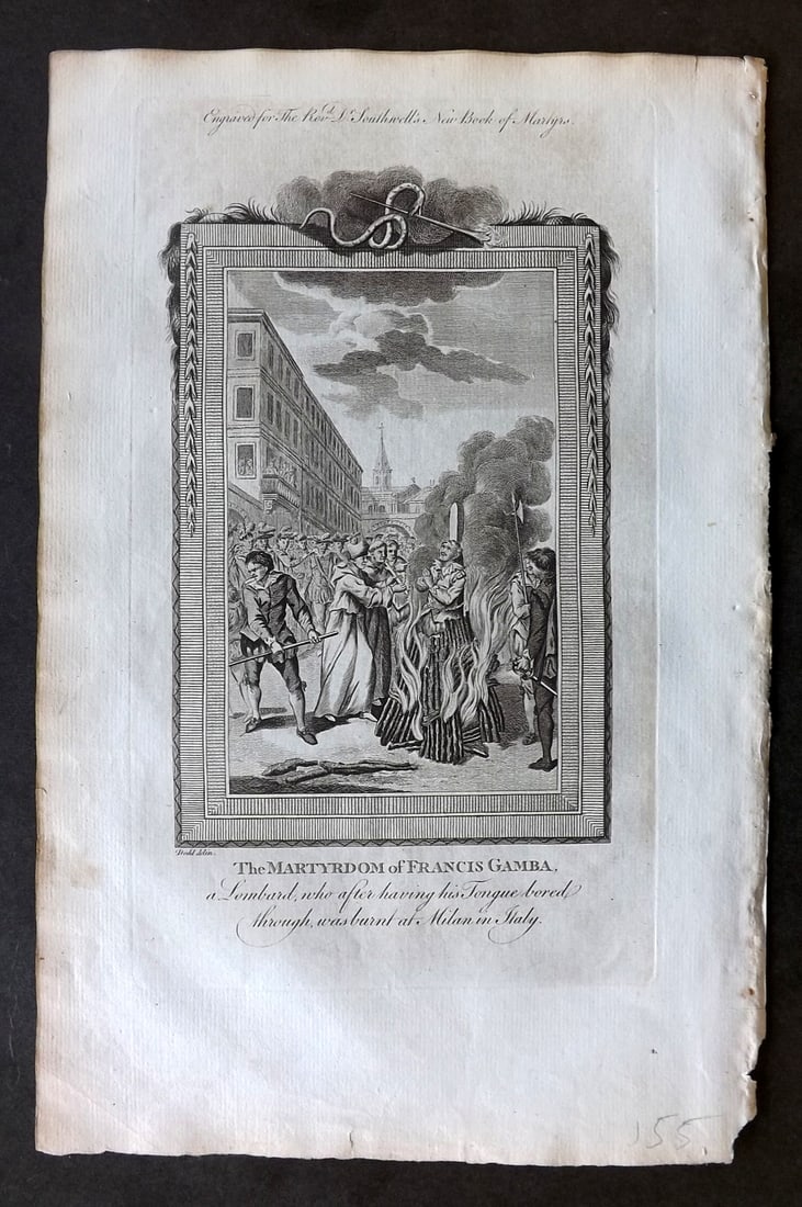 Southwell Book of Martyrs 1795 Folio Print. Martyrdom of Francis Gamba, Milan, Italy (1 of 1)