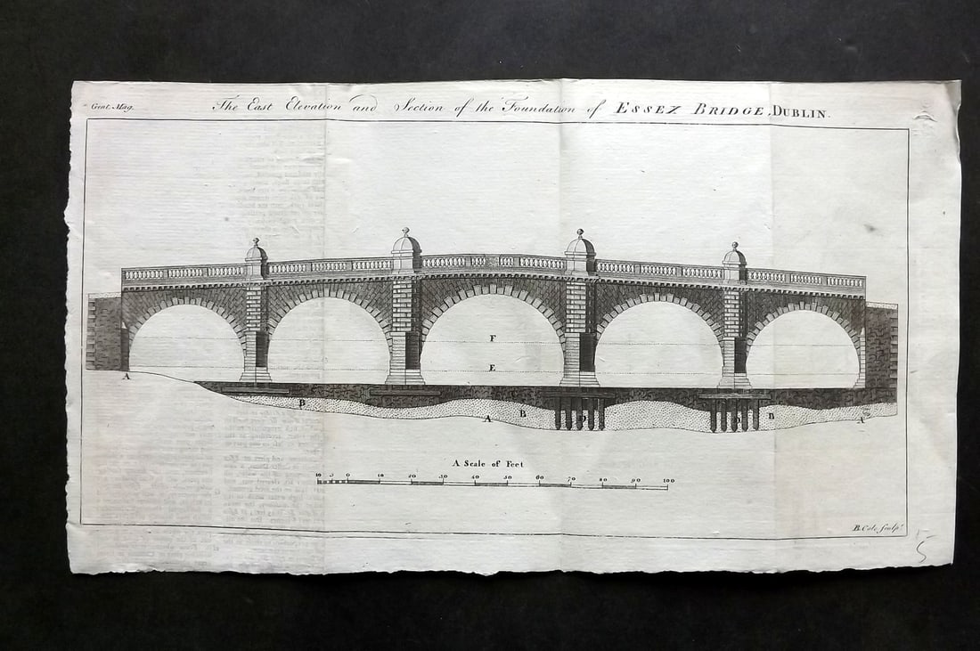 Gent Mag 1773 Print. Foundation of Essex Bridge, Dublin Ireland (1 of 1)
