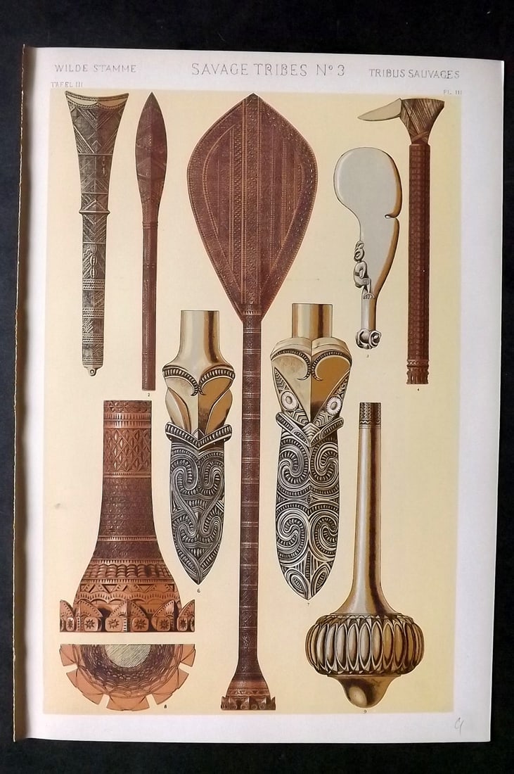 Jones, Owen 1910 Design Print. Savage Tribes No. 3: Chromolithograph Published 1910 by Bernard Quaritch, London for "The Grammar of Ornament" by Owen Jones. Paper Size: 13 x 9 inch (33 x 23cm) Good Condition