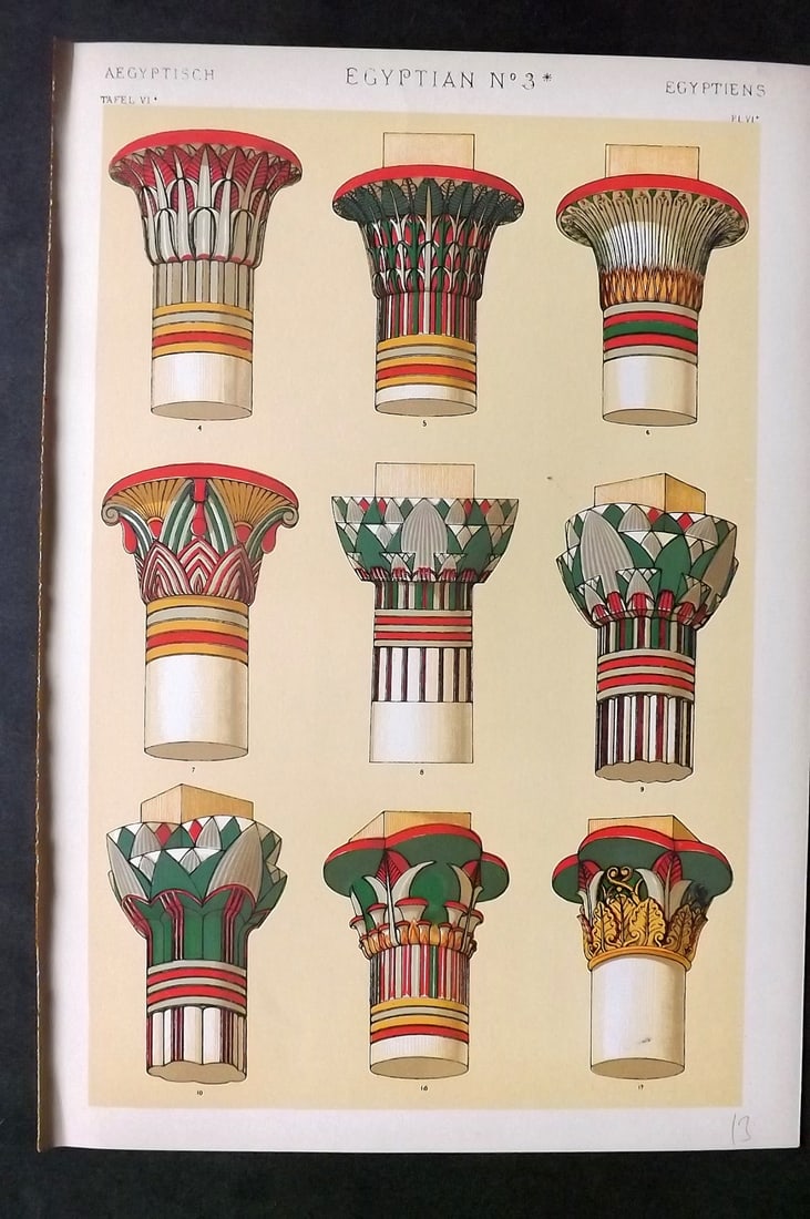 Jones, Owen 1910 Design Print. Egyptian No. 3*: Chromolithograph Published 1910 by Bernard Quaritch, London for "The Grammar of Ornament" by Owen Jones. Paper Size: 13 x 9 inch (33 x 23cm) Good Condition