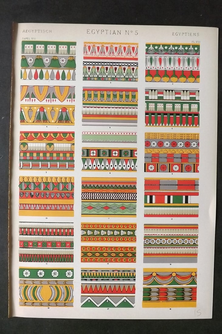 Jones, Owen 1910 Design Print. Egyptian No. 5: Chromolithograph Published 1910 by Bernard Quaritch, London for "The Grammar of Ornament" by Owen Jones. Paper Size: 13 x 9 inch (33 x 23cm) Good Condition