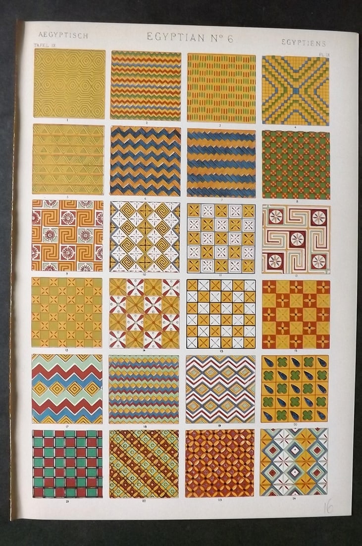 Jones, Owen 1910 Design Print. Egyptian No. 6: Chromolithograph Published 1910 by Bernard Quaritch, London for "The Grammar of Ornament" by Owen Jones. Paper Size: 13 x 9 inch (33 x 23cm) Good Condition
