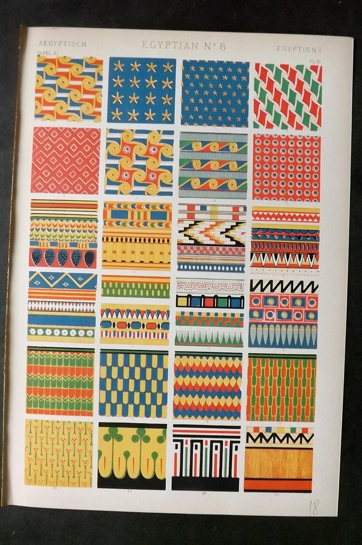 Jones, Owen 1910 Design Print. Egyptian No. 8: Chromolithograph Published 1910 by Bernard Quaritch, London for "The Grammar of Ornament" by Owen Jones. Paper Size: 13 x 9 inch (33 x 23cm) Good Condition