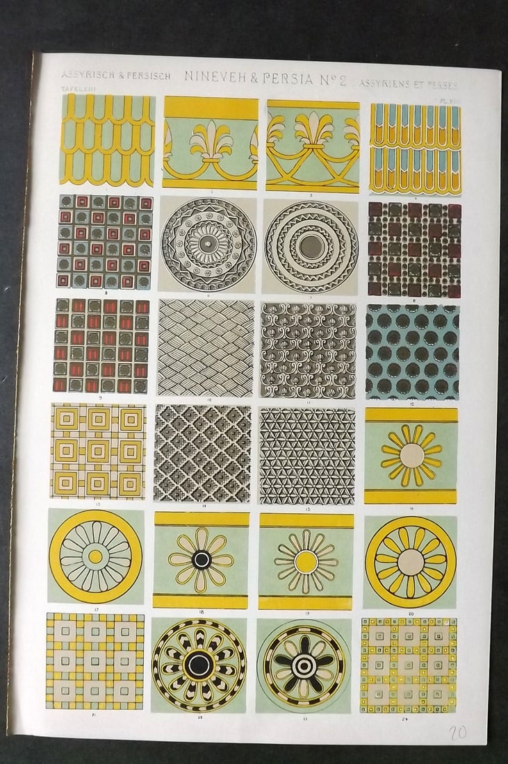 Jones, Owen 1910 Design Print. Nineveh & Persia No. 2: Chromolithograph Published 1910 by Bernard Quaritch, London for "The Grammar of Ornament" by Owen Jones. Paper Size: 13 x 9 inch (33 x 23cm) Good Condition