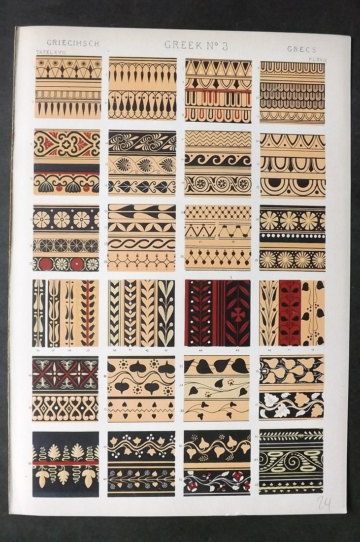 Jones, Owen 1910 Design Print. Greek No. 3: Chromolithograph Published 1910 by Bernard Quaritch, London for "The Grammar of Ornament" by Owen Jones. Paper Size: 13 x 9 inch (33 x 23cm) Good Condition