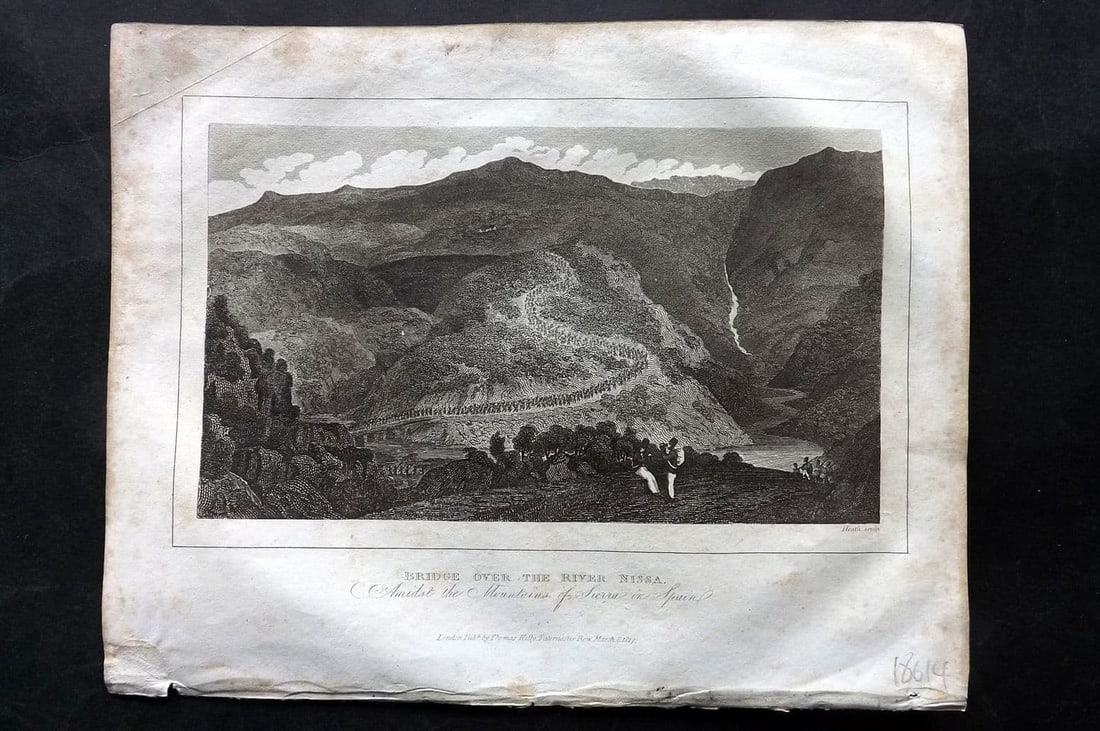 Kelly, Christopher 1829 Print. Bridge over the River Nissa. Mountains of Sierra in Spain (1 of 1)