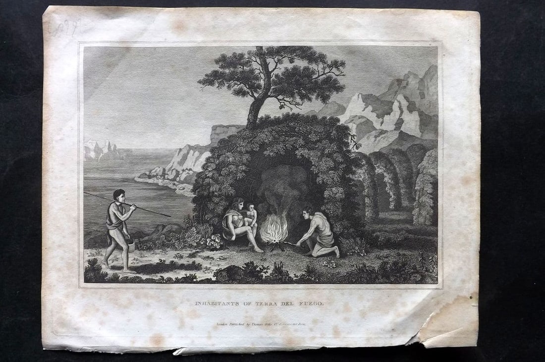 Kelly, Christopher 1829 Antique Print. Inhabitants of Tierra del Fuego, Argentina Chile: Antique Copper Plate Published 1829, London for "A New and Complete System of Universal Geography" by Christopher Kelly. Paper Size: 10 x 8 inch (26 x 20cm) Some margin toning. Small bottom margin tea