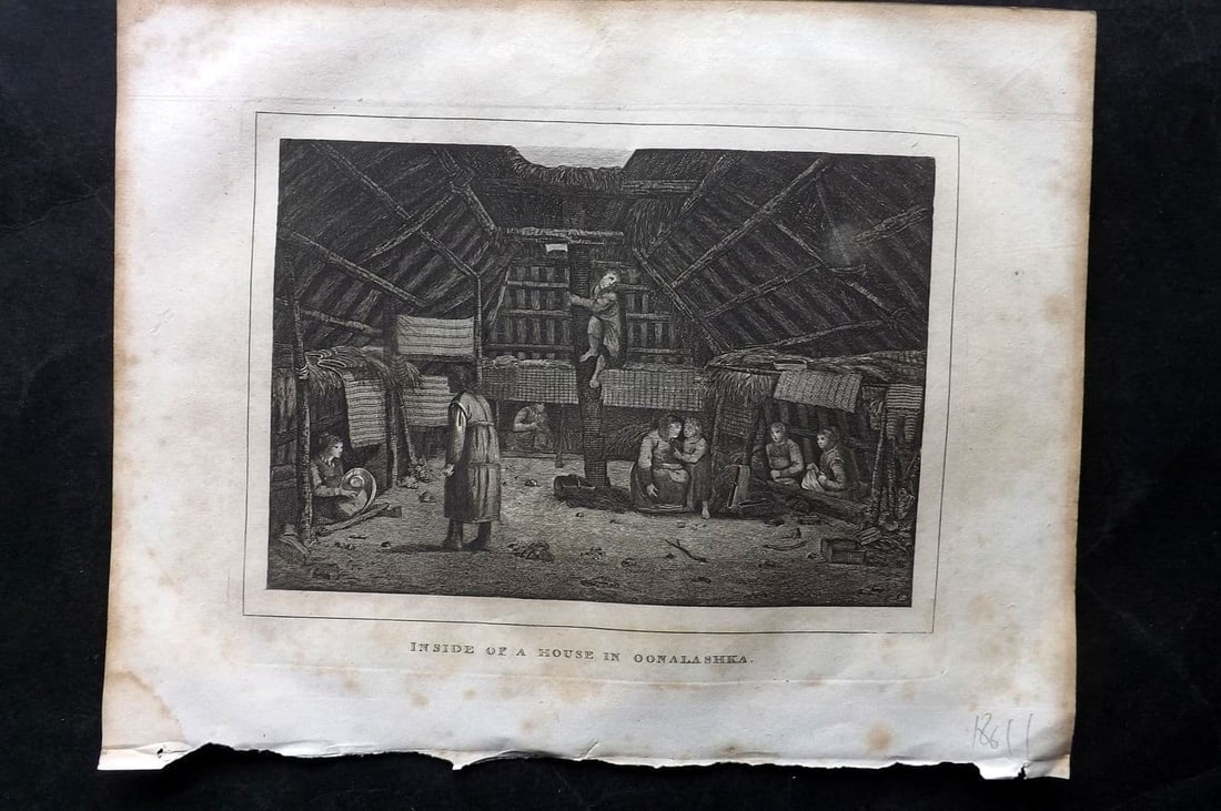 Kelly, Christopher 1829 Antique Print. Inside of a House in Oonalashka. Alaska (1 of 1)