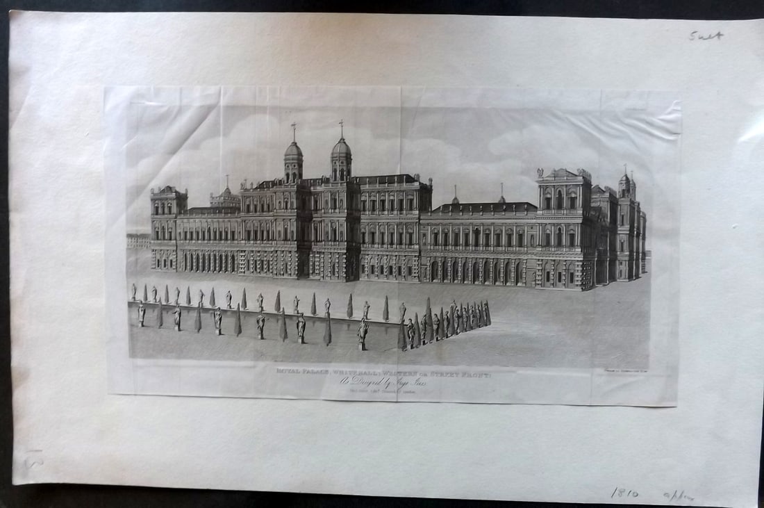 London - Brayley, Edward 1829 Print. Royal Palace, Whitehall: Steel Engraving Published 1829, London for "Londiniana; or Reminiscences of the British Metropolis" by Edward Brayley. Folds as issued. Paper Size: 11.5 x 6 inch (29 x 16cm) Mounted to paper