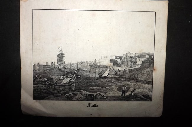 Malta C1830 Antique Print. Malta, Valetta Port & Ships: Early Lithograph from an Unknown Source. Published Europe, C1830. Paper Size: 7.5 x 6 inch (19 x 16cm) Some scribbles to verso, not affecting front side