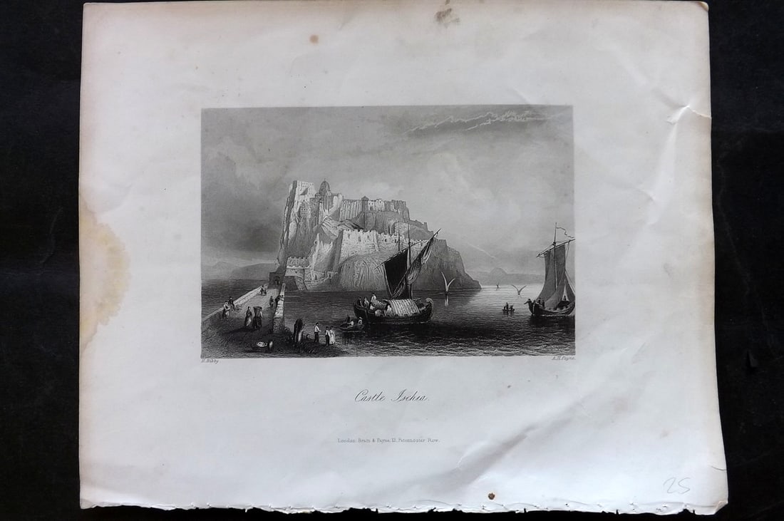 Payne 1847 Antique Print. Castle Ischia, Naples, Italy: Steel Engraving Published London 1844-7 for "Payne's Universum or Pictorial World" Edited by Charles Edwards. Most plates engraved by Payne. Paper Size: 10.5 x 8 inch (27 x 20cm) Minor margin wrinkles