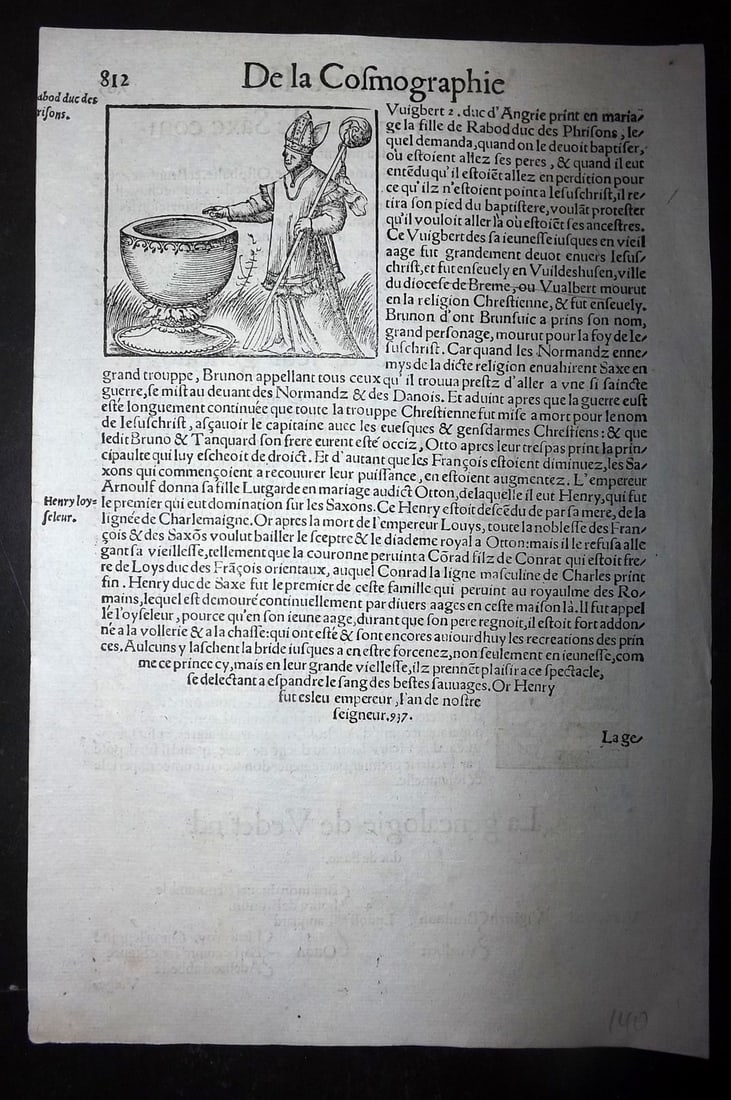 Munster, Sebastian 1552 Early Woodcut. Saxony Baptism Scene & Coat of Arms: Woodcut Published 1552, Basel for the "Cosmographia" by Sebastian Munster. Printed both sides. Paper Size: 11 x 7 inch (28 x 18cm) Good Condition