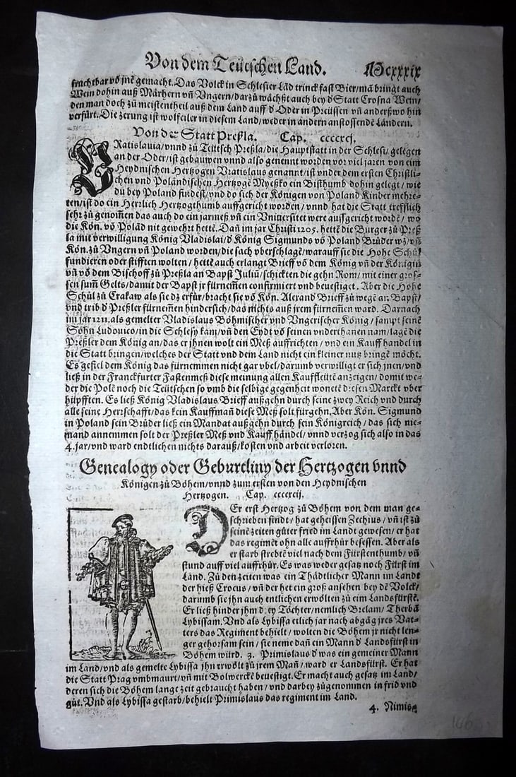 Munster, Sebastian 1578 Early Woodcut. Duke Krok, Pagan ruler of Bohemia (1 of 2)