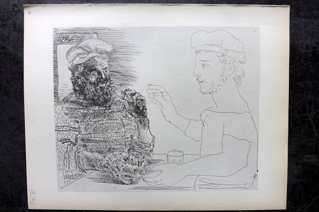 Picasso Vollard Suite 1956 Print. Two Catalan Men 12: Vintage Photogravure Published 1956, London for "Picasso's Vollard Suite" First English Edition of 100 Etchings created by Picasso between 1930-37. Printed on Good Quality Paper in Germany. Paper Size