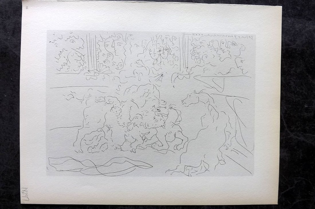 Picasso Vollard Suite 1956 Print. Bulfight I 15: Vintage Photogravure Published 1956, London for "Picasso's Vollard Suite" First English Edition of 100 Etchings created by Picasso between 1930-37. Printed on Good Quality Paper in Germany. Paper Size