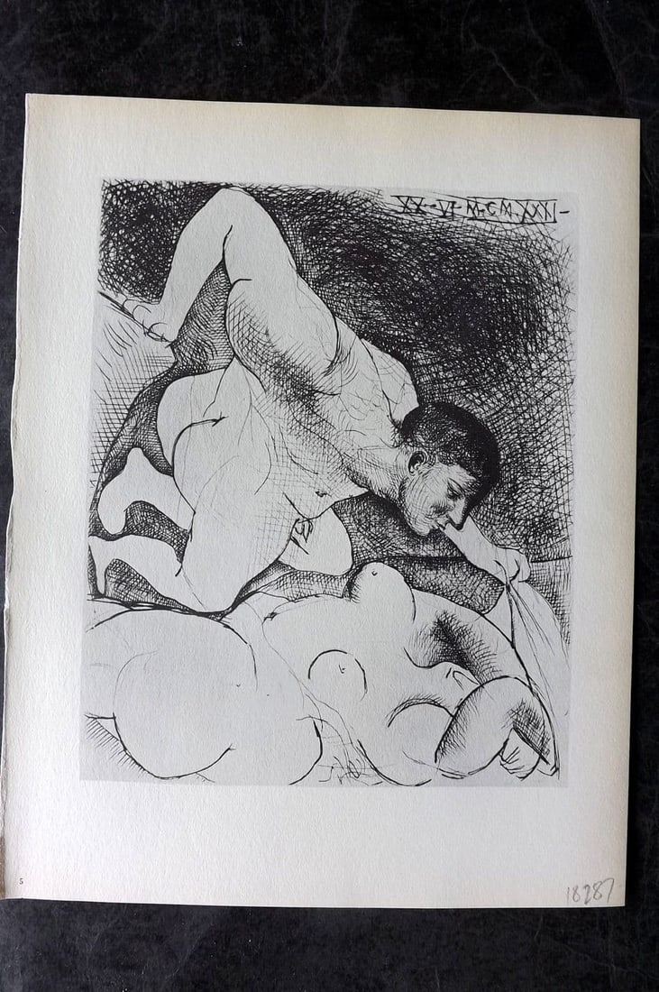 Picasso Vollard Suite 1956 Print. Man Unveiling a Woman 05: Vintage Photogravure Published 1956, London for "Picasso's Vollard Suite" First English Edition of 100 Etchings created by Picasso between 1930-37. Printed on Good Quality Paper in Germany. Paper Size