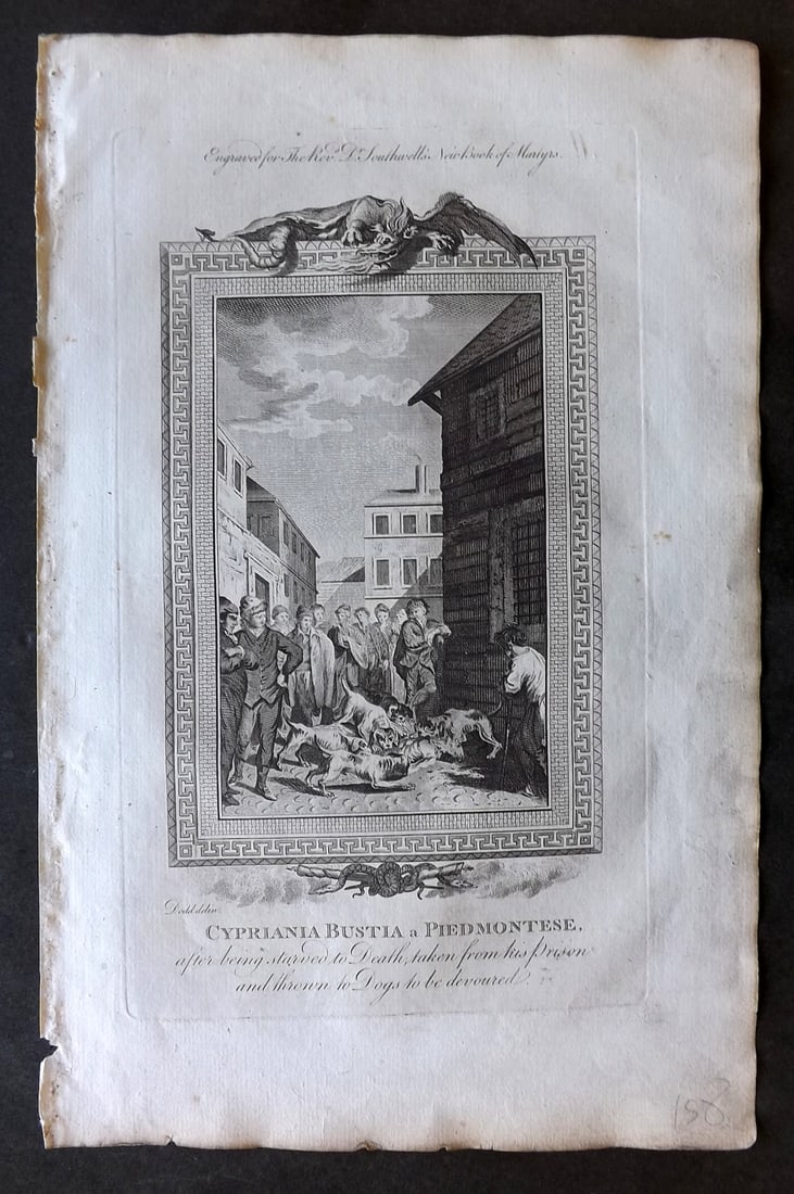 Southwell Book of Martyrs 1795 Folio Print. Cypriania Bustia a Piedmontese thrown to Dogs: Folio Copper Plate Published 1785, London for "The New Book of Martyrs" by Henry Southwell. Paper Size: 14.5 x 9 inch (37 x 23cm) Good Condition
