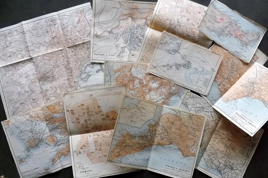 Baedeker, Karl 1926 Lot of 12 Antique Maps. Italy. Naples etc: Lithograph Maps Published 1926, Leipzig for "Italien. Von den Alpen bis Neapal..." by Karl Baedeker. Folds as issued. Paper Size: Up to 11 x 9.5 inch (28 x 24cm) Good Condition