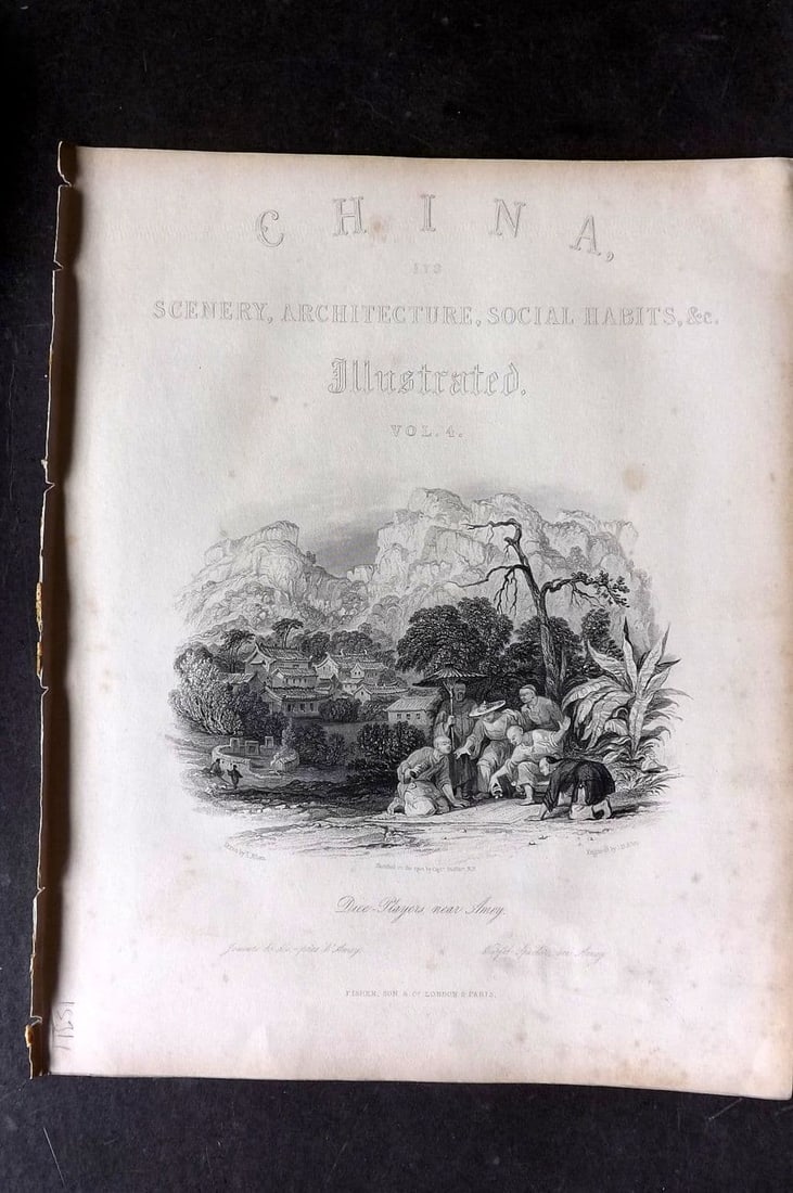 Allom China 1847 Antique Print. Dice Players near Amoy. Vol 4 Illus. Title: Antique Steel Engraving Published 1843-47 by Fisher & Son, London for "China, in a Series of Views, Displaying the Scenery, Architecture, and Social Habits..." (China Illustrated) First Edition by the
