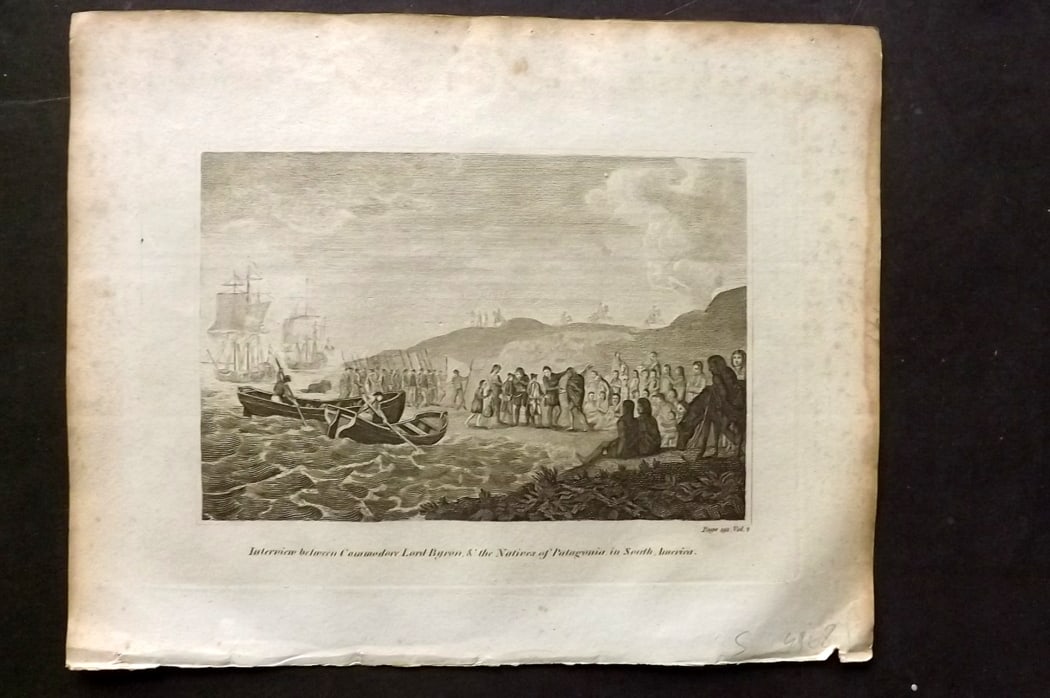 Cooke, George 1801 Antique Print Commodore Lord Byron & Natives of Patagonia S. America: Antique Copper Plate Published 1801-07 by Macdonald & Son, London for "Modern and Authentic System of Universal Geography" By George A. Cooke. Paper Size: 10 x 8 inch (26 x 21cm Minor margin toning pr