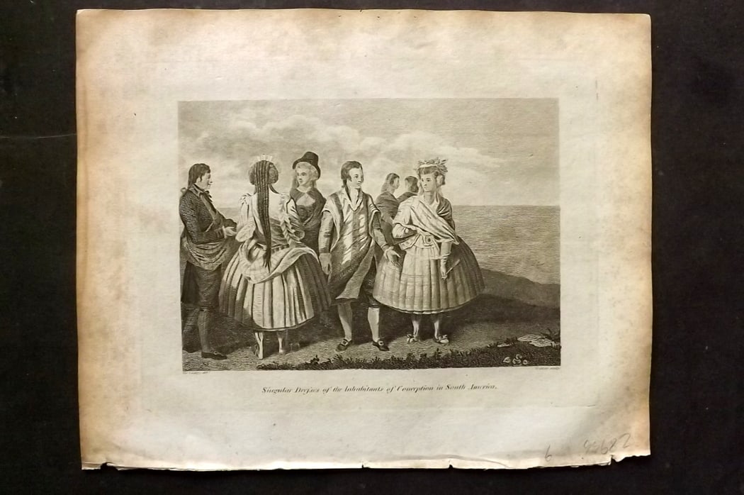 Cooke, George 1801 Antique Print. Singular Dresses of the Inhabitants. Chile, South America: Antique Copper Plate Published 1801-07 by Macdonald & Son, London for "Modern and Authentic System of Universal Geography" By George A. Cooke. Paper Size: 10 x 8 inch (26 x 21cm) Minor margin toning p