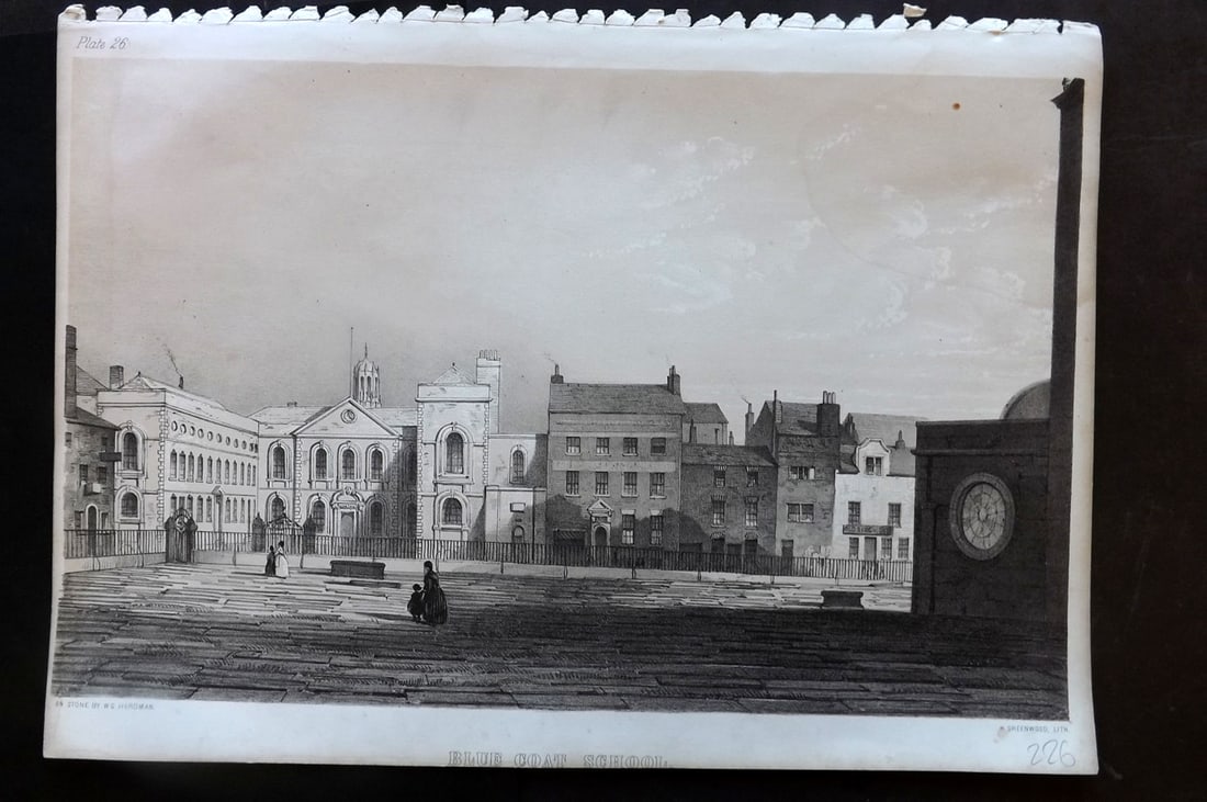 Herdman, William 1856 Folio Liverpool Print. Blue Coat School 26: Folio Lithograph Published 1856, London & Liverpool for "Pictorial Relics of Ancient Liverpool..." by William Gawin Herdman. Illustrated by the author and Lithographed by Greenwood. Paper Size: 14.5 x