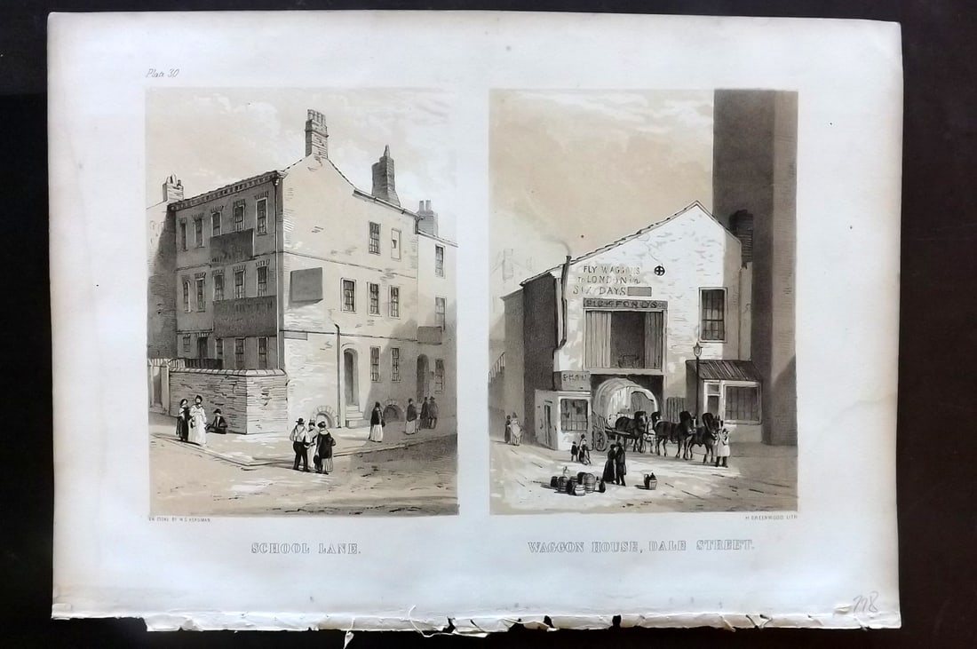 Herdman, William 1856 Folio Liverpool Print. School Lane, Waggon House, Dale St. 30: Folio Lithograph Published 1856, London & Liverpool for "Pictorial Relics of Ancient Liverpool..." by William Gawin Herdman. Illustrated by the author and Lithographed by Greenwood. Paper Size: 14.5 x