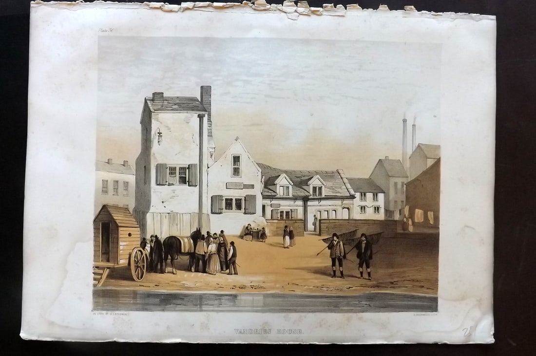 Herdman, William 1856 Folio Liverpool Print. Vandries House 36: Folio Lithograph Published 1856, London & Liverpool for "Pictorial Relics of Ancient Liverpool..." by William Gawin Herdman. Illustrated by the author and Lithographed by Greenwood. Paper Size: 14.5 x