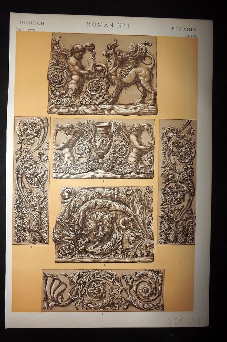 Jones, Owen 1910 Design Print. Roman No. 1: Chromolithograph Published 1910 by Bernard Quaritch, London for "The Grammar of Ornament" by Owen Jones. Paper Size: 13 x 9 inch (33 x 23cm) Good Condition