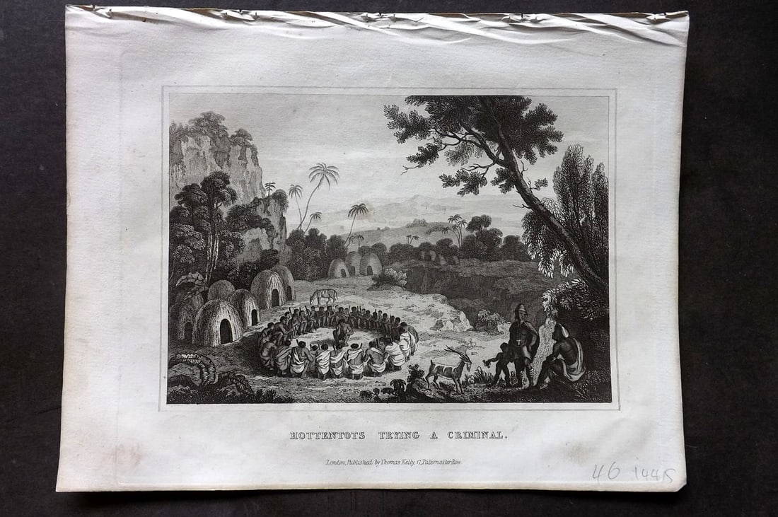 Kelly, Christopher 1841 Antique Print. Hottentots trying a Criminal, South Africa: Steel Engraving Published 1841, London for "An Authentic History and Entertaining Description of the World and its Inhabitants..." by Christopher Kelly and Thomas Bartlett. Paper Size: 10.5 x 8 inch (