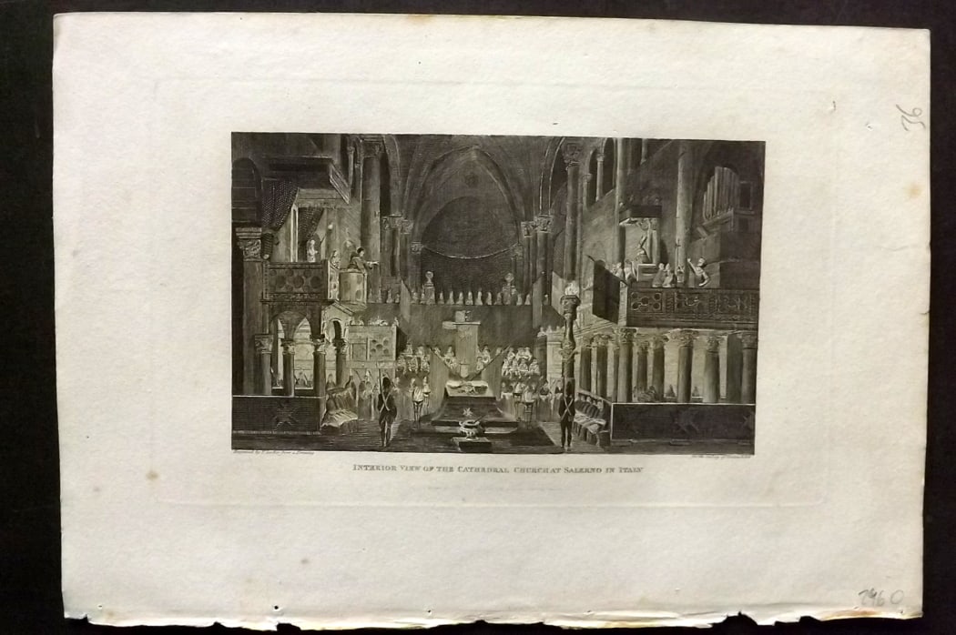 Polehampton, Edward 1823 Antique Print. Interior View of the Church at Salerno Italy: Copper Plate Published 1823, London for "The Gallery of Nature and Art: or, A Tour Through Creation and Science" by the Rev. Edward Polehampton & John M. Good. Paper Size: 10 x 7 inch (26 x 18cm) Good