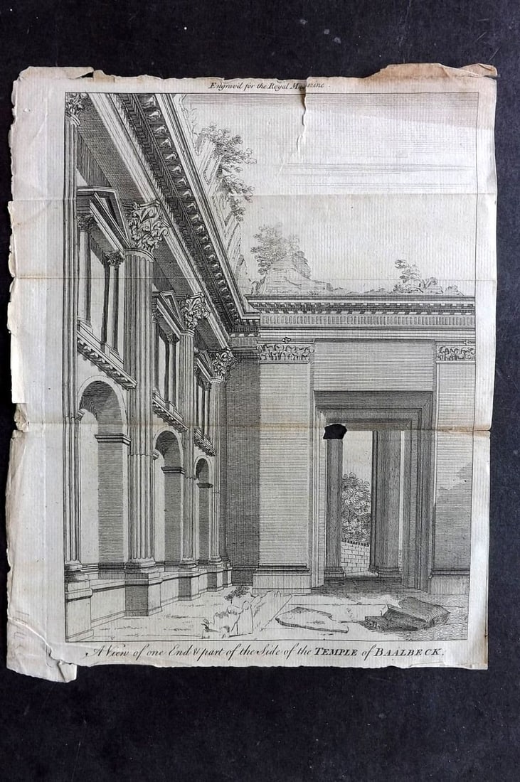 Royal Magazine C1760's Antique Print. Temple of Baalbeck, Lebanon (Fault): Antique Copper Plate Published 1759-71 by J. Coote, London for "The Royal Magazine; or, Gentleman's Monthly Companion" Folds as issued. Paper Size: 10 x 8 inch (25 x 20cm) Hole present on image. Some