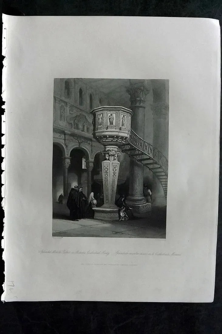 Sherer, John 1881 Folio Print. Marble pulpit in Messina cathedral Sicily Italy: Antique Folio Steel Engraving Published 1879-81, London for "The Classic Lands of Europe Embracing Italy, Sicily and Greece" by John Sherer. Paper Size: 12 x 9.5 inch (31x 24cm) Good Condition