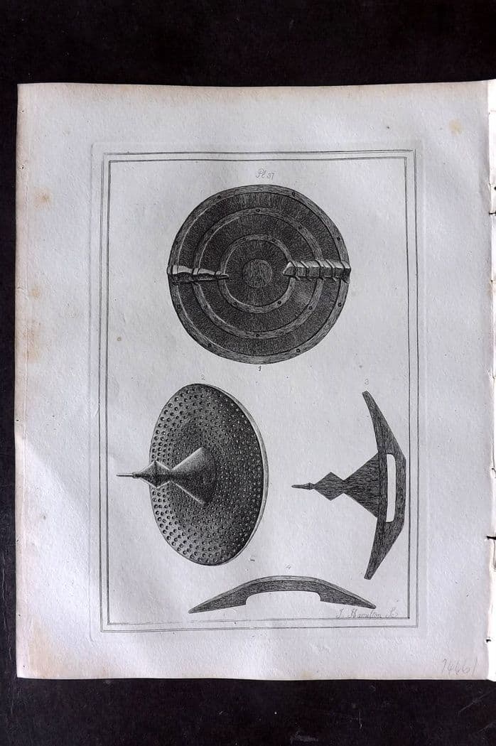 Grose, Francis 1801 Antique Military Print. Ancient Shields 31: Antique Copper Plate Published 1801, London for "Military Antiquities Respecting a History of the English Army from the Conquest to the Present Time" by Francis Grose. Paper Size: 10.5 x 8 inch (27 x