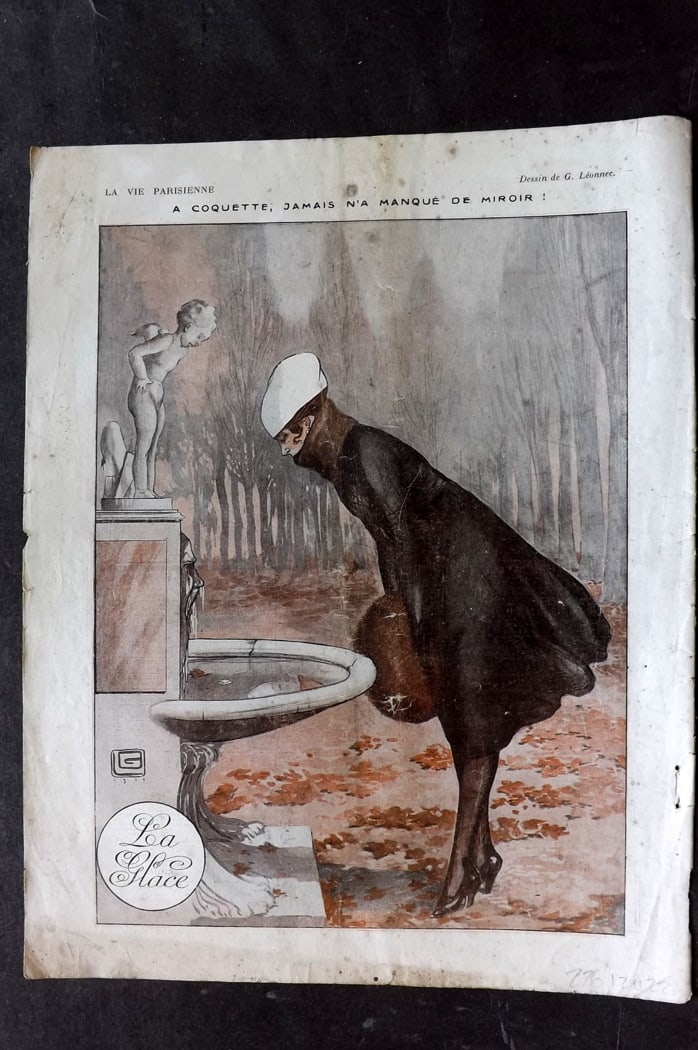 La Vie Parisienne 1918 Print A Coquette, Jamais n'a Manque de Miroir be Leonnec: Lithograph Published 1918, Paris for "La Vie Parisienne" Illustrated by Lissac, Barbier, Vallet, Valee, Prejelan, Herouard, Fournier, Kuhn-Regnier, Georges L?onnec and others. Verso text, but none sho