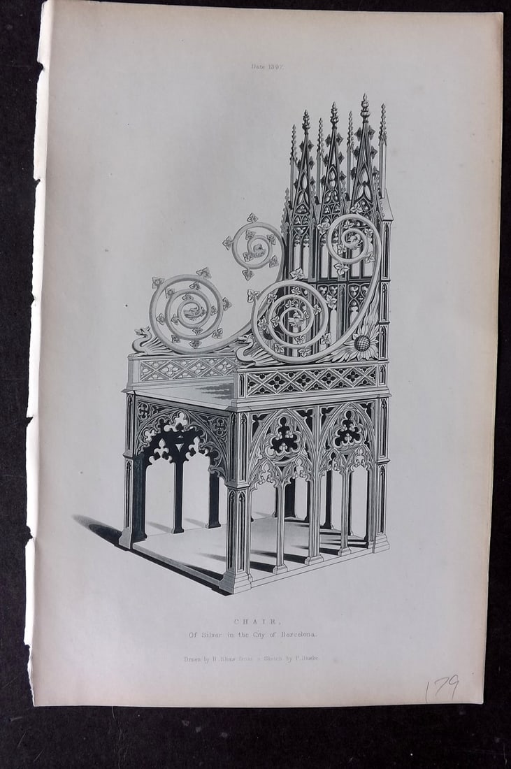 Shaw, Henry 1843 Hand Col Print. Chair of Silver in the City of Barcelona 1397: Hand Colored Aquatint Published 1843 London for "Dresses and Decorations of the Middle Ages" by Henry Shaw. Paper Size: 11 x 7 inch (28 x 18cm) Good Condition