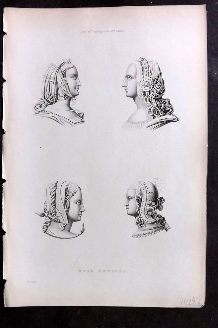 Shaw, Henry 1843 Antique Print. Head Dresses. 16th Century: Antique Aquatint Published 1843 London for "Dresses and Decorations of the Middle Ages" by Henry Shaw. Fine hand colour as issued. Paper Size: 11 x 7 inch (28 x 18cm) Good Condition