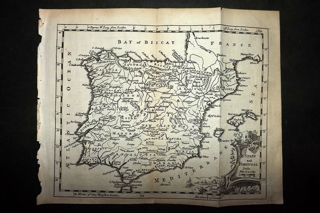 Salmon & Jefferys 1772 Antique Map. Spain and Portugal: Copper Engraved Map Published 1772, London for "A New Geographical and Historical Grammar" by Thomas Salmon. Folds as issued. Most Maps Engraved Thomas Jefferys. Paper Size: 10 x 7.5 inch (25 x 19cm)