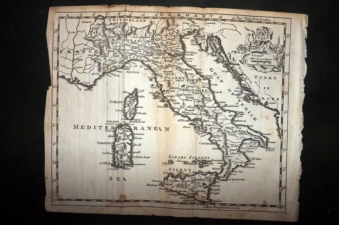 Salmon & Jefferys 1772 Antique Map. Italy: Copper Engraved Map Published 1772, London for "A New Geographical and Historical Grammar" by Thomas Salmon. Folds as issued. Most Maps Engraved Thomas Jefferys. Paper Size: 10 x 7.5 inch (25 x 19cm)