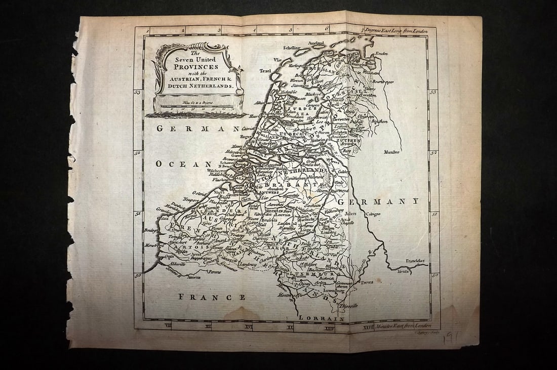 Salmon & Jefferys 1772 Antique Map. Seven United Provinces. Netherlands: Copper Engraved Map Published 1772, London for "A New Geographical and Historical Grammar" by Thomas Salmon. Folds as issued. Most Maps Engraved Thomas Jefferys. Paper Size: 10 x 7.5 inch (25 x 19cm)