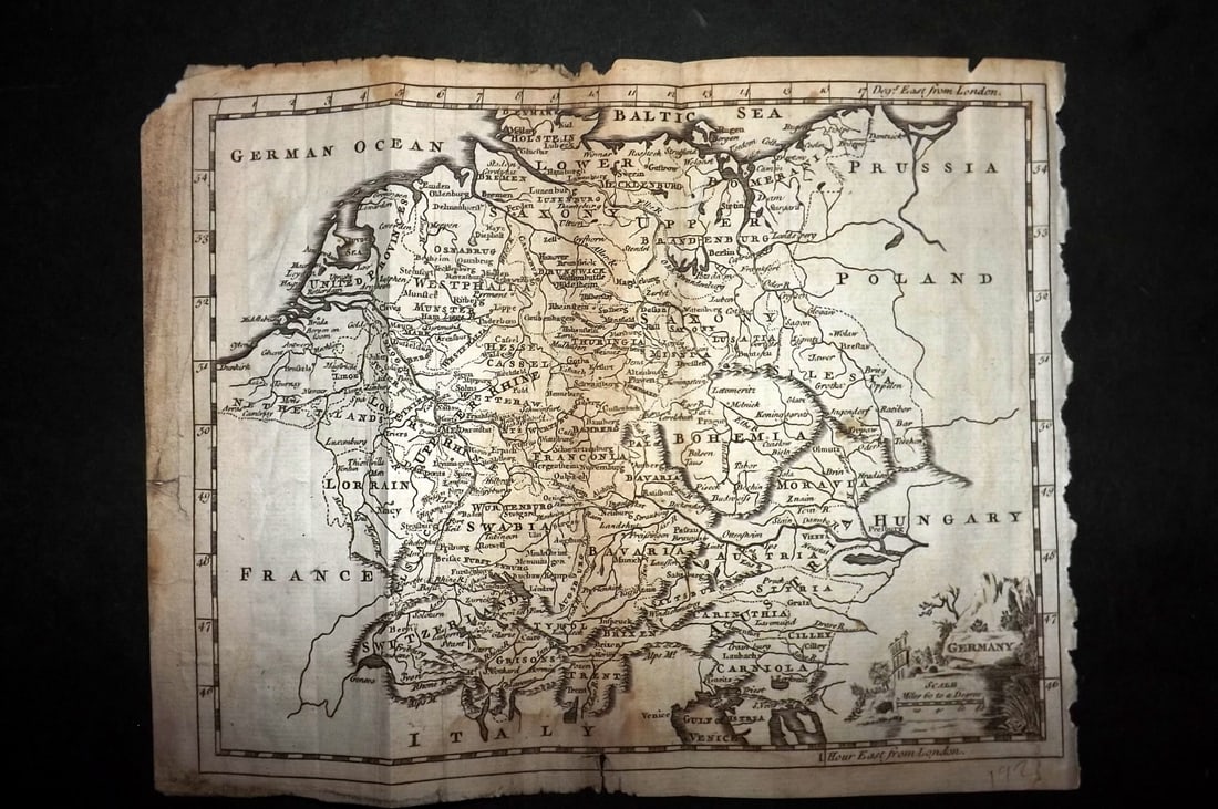 Salmon & Jefferys 1772 Antique Map. Germany: Copper Engraved Map Published 1772, London for "A New Geographical and Historical Grammar" by Thomas Salmon. Folds as issued. Most Maps Engraved Thomas Jefferys. Paper Size: 10 x 7.5 inch (25 x 19cm)