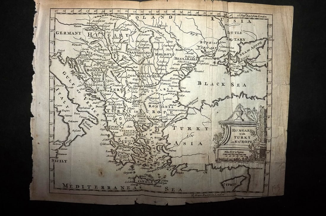 Salmon & Jefferys 1772 Antique Map. Hungary with Turkey in Europe: Copper Engraved Map Published 1772, London for "A New Geographical and Historical Grammar" by Thomas Salmon. Folds as issued. Most Maps Engraved Thomas Jefferys. Paper Size: 10 x 7.5 inch (25 x 19cm)