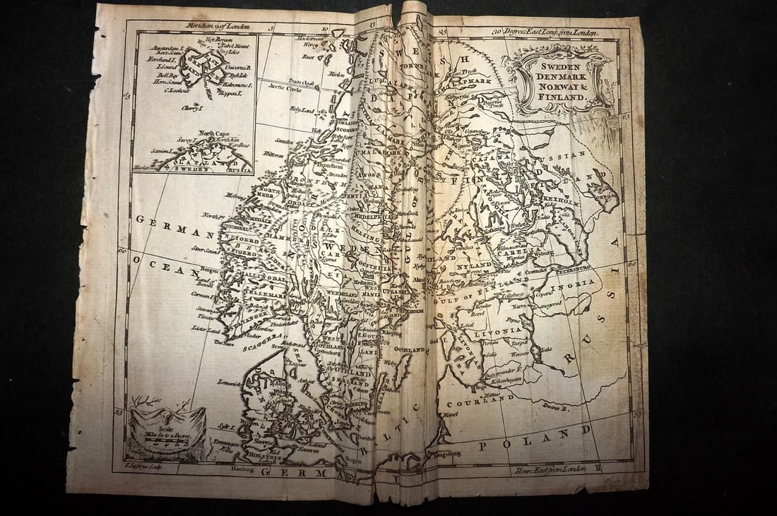 Salmon & Jefferys 1772 Antique Map. Sweden, Denmark, Norway & Finland (Faults): Copper Engraved Map Published 1772, London for "A New Geographical and Historical Grammar" by Thomas Salmon. Folds as issued. Most Maps Engraved Thomas Jefferys. Paper Size: 10 x 7.5 inch (25 x 19cm)