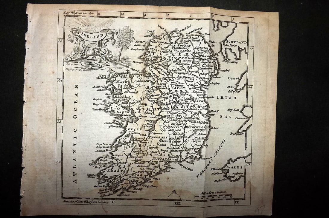 Salmon & Jefferys 1772 Antique Map. Ireland: Copper Engraved Map Published 1772, London for "A New Geographical and Historical Grammar" by Thomas Salmon. Folds as issued. Most Maps Engraved Thomas Jefferys. Paper Size: 10 x 7.5 inch (25 x 19cm)