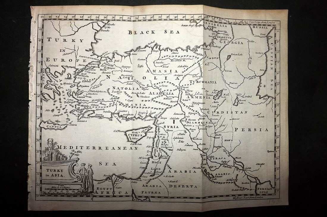 Salmon & Jefferys 1772 Antique Map. Turkey in Asia: Copper Engraved Map Published 1772, London for "A New Geographical and Historical Grammar" by Thomas Salmon. Folds as issued. Most Maps Engraved Thomas Jefferys. Paper Size: 10 x 7.5 inch (25 x 19cm)