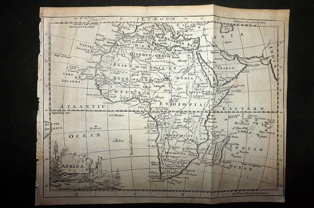 Salmon & Jefferys 1772 Antique Map. Africa: Copper Engraved Map Published 1772, London for "A New Geographical and Historical Grammar" by Thomas Salmon. Folds as issued. Most Maps Engraved Thomas Jefferys. Paper Size: 10 x 7.5 inch (25 x 19cm)