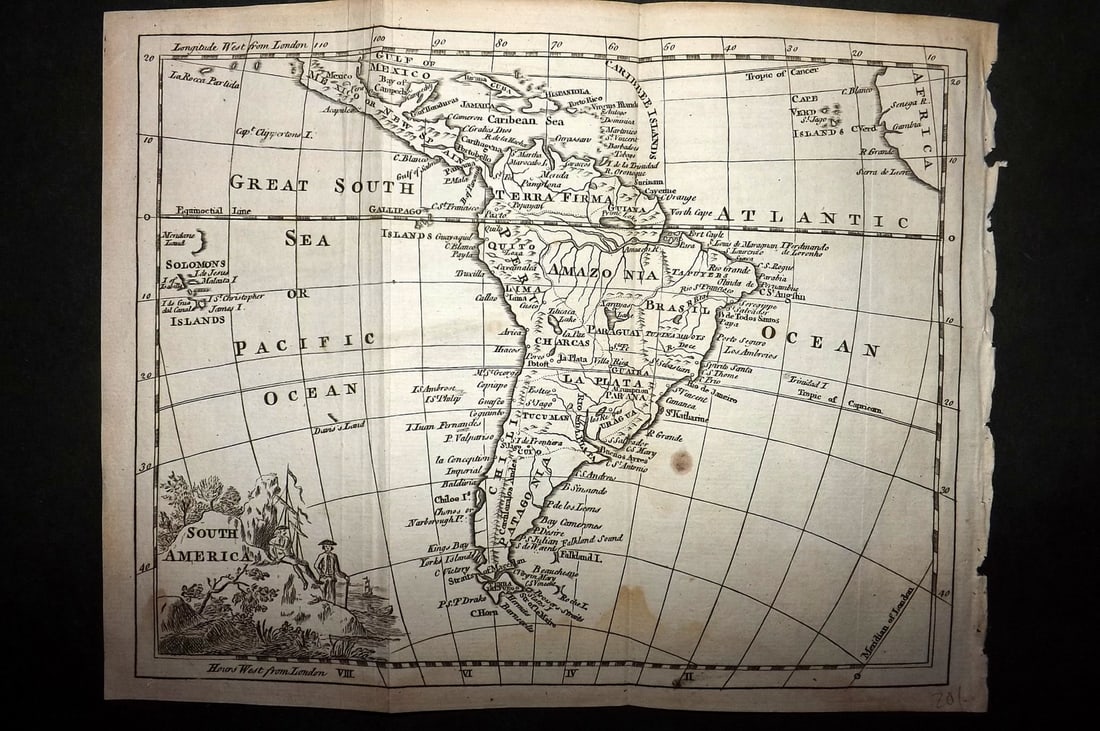 Salmon & Jefferys 1772 Antique Map. South America: Copper Engraved Map Published 1772, London for "A New Geographical and Historical Grammar" by Thomas Salmon. Folds as issued. Most Maps Engraved Thomas Jefferys. Paper Size: 10 x 7.5 inch (25 x 19cm)
